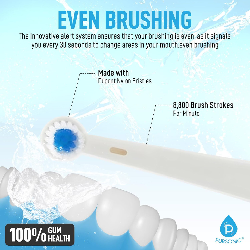 Pursonic Rotating Electric Toothbrush For Adults With 3 Brush Heads - Toothbrush Electric With 3 Cleaning Modes - Usb Rechargeable Toothbrush With 2 Minute Smart Timer (White)