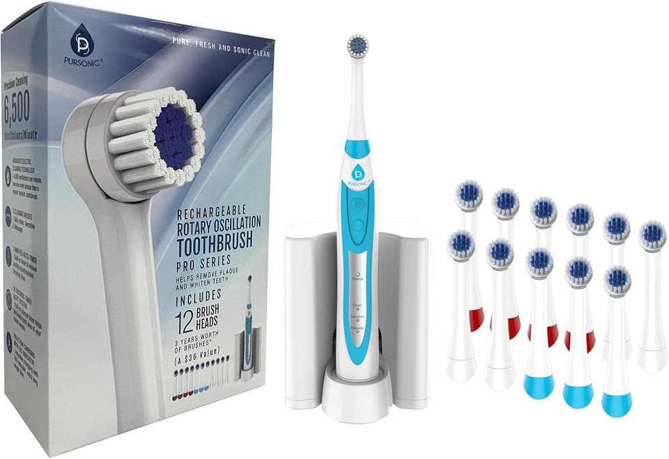 Pursonic S330 Deluxe Electric Toothbrush - Ultra Whitening Oscillating Rechargeable Battery Toothbrush For Adults With Dock Charger & 12 Brush Heads (Value Pack) (White)