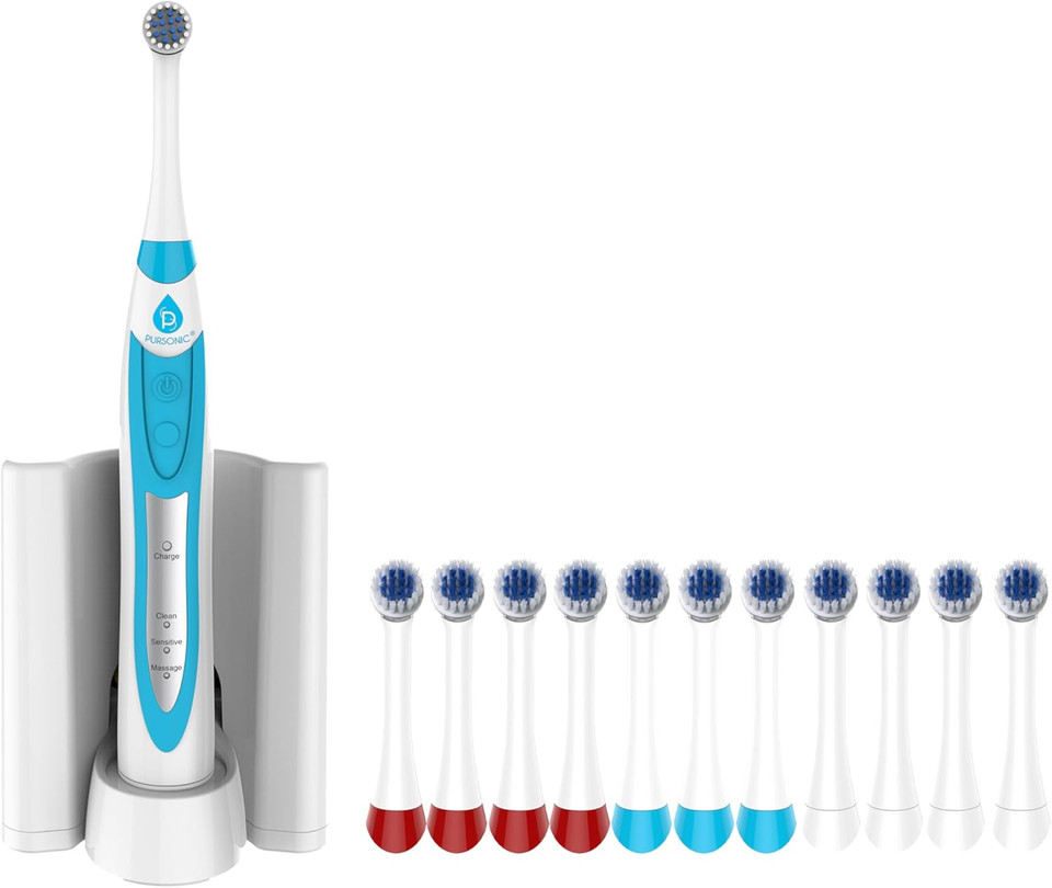 Pursonic S330 Deluxe Electric Toothbrush - Ultra Whitening Oscillating Rechargeable Battery Toothbrush For Adults With Dock Charger & 12 Brush Heads (Value Pack) (White)