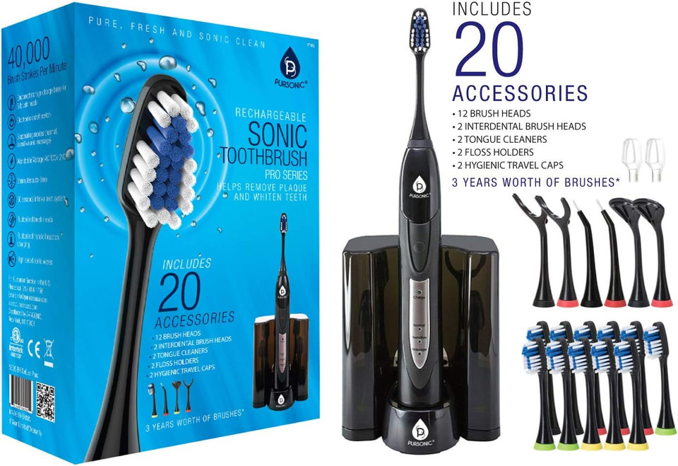 Pursonic S520 Black Ultra High Powered Sonic Electric Toothbrush With Dock Charger, 12 Brush Heads & More! (Value Pack)