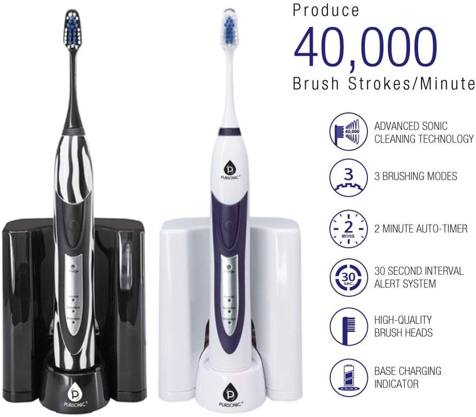 Pursonic S520 Black Ultra High Powered Sonic Electric Toothbrush With Dock Charger, 12 Brush Heads & More! (Value Pack)