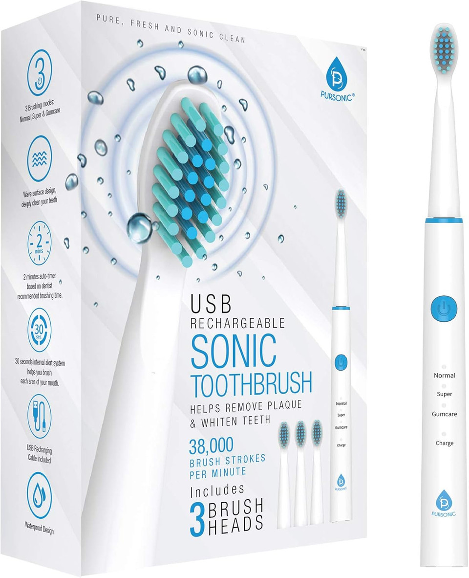 Pursonic Sonic Technology Electric Toothbrush For Kids And Adults, 2 Minute Timer Powered Rechargeable Toothbrush, 5 Modes 3 Brush Heads, 30 Days Long Battery Life, Waterproof, White