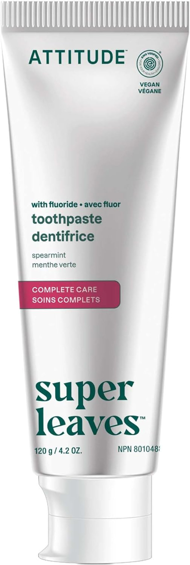 Attitude Complete Care Toothpaste With Fluoride, Spearmint Flavor, Vegan & Cruelty-Free, Sugar-Free, Plant & Mineral-Based Ingredients, Clean Oral Care, 4.2 Oz