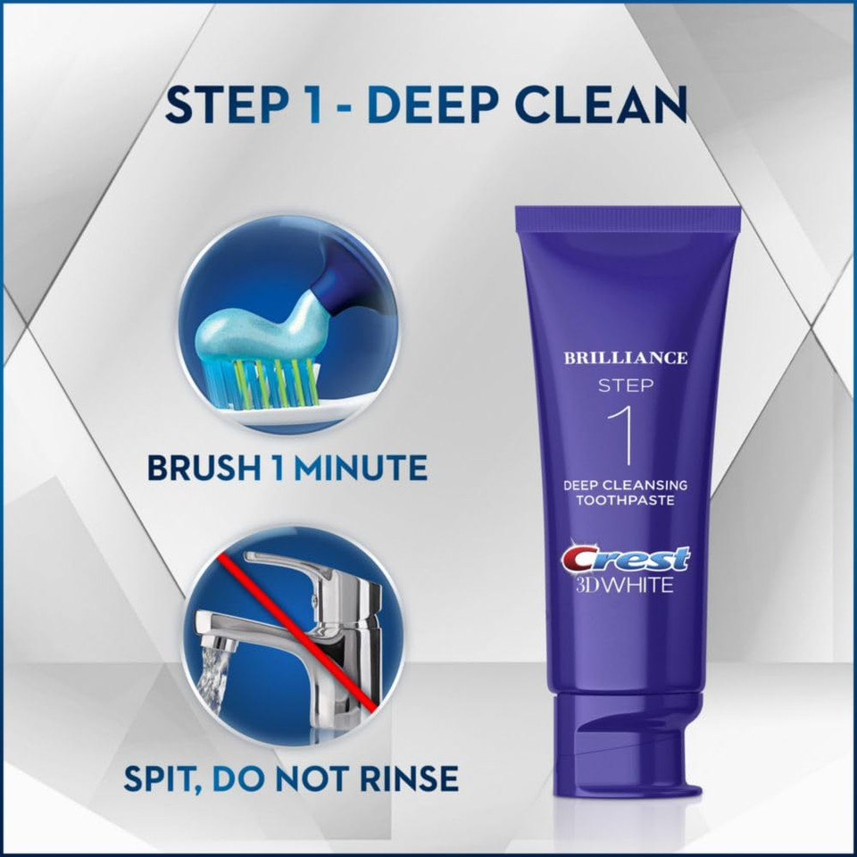 Crest 3D White Brilliance 2 Step Kit, Crest 3D White Toothpaste, Deep Clean Toothpaste (4Oz) + Teeth Whitening Gel (2.3Oz)