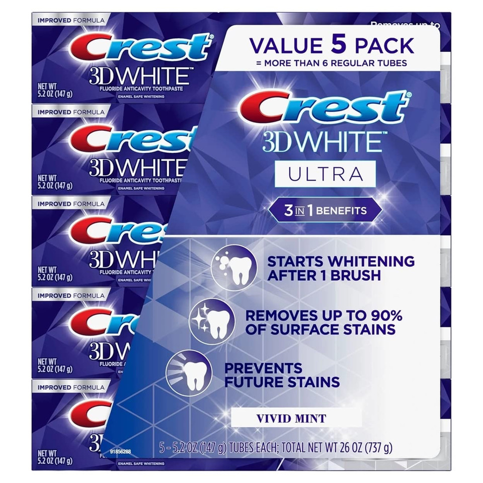 Crest 3D White Ultra Whitening Toothpaste, Vivid Mint (5.2 Oz., 5 Pk.)