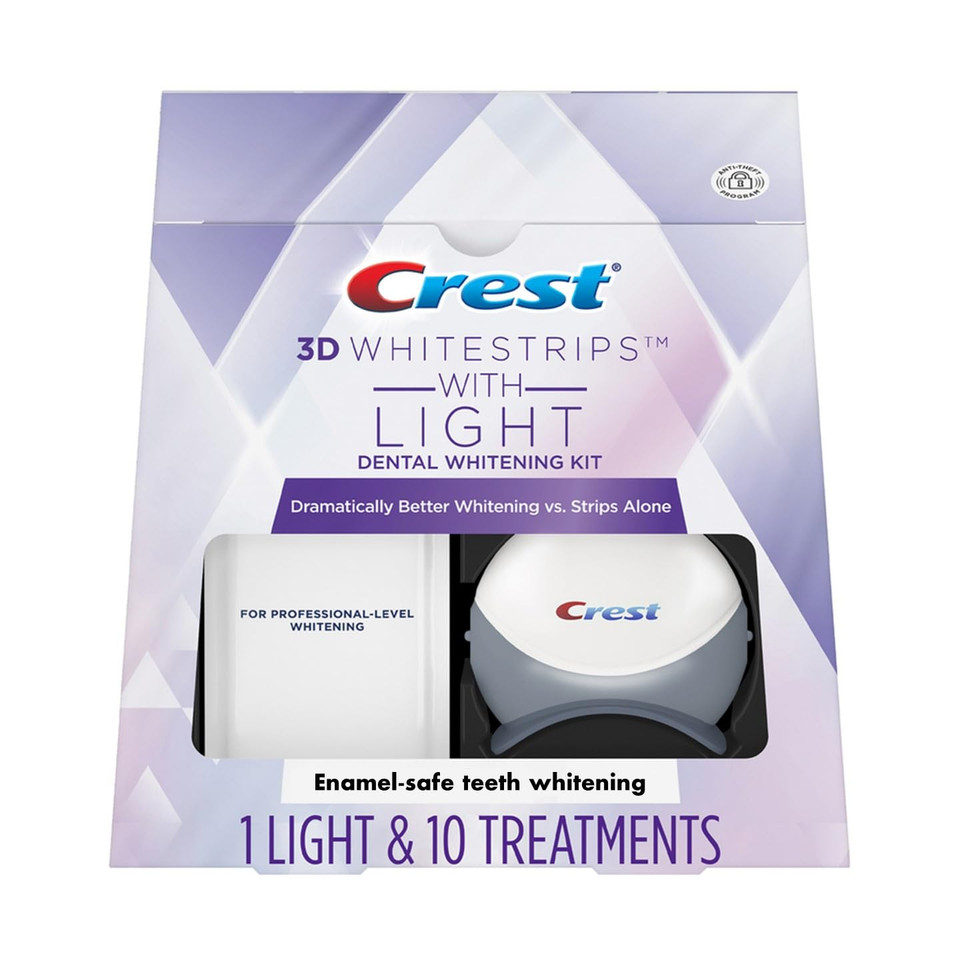 Crest 3D Whitestrips + Led Light  Teeth Whitening Kit, 1 Light + 10 Treatments, Each With 1 Upper/1Lower, 20 Strips  Crest 3Dwhite Teeth Whitening Strips
