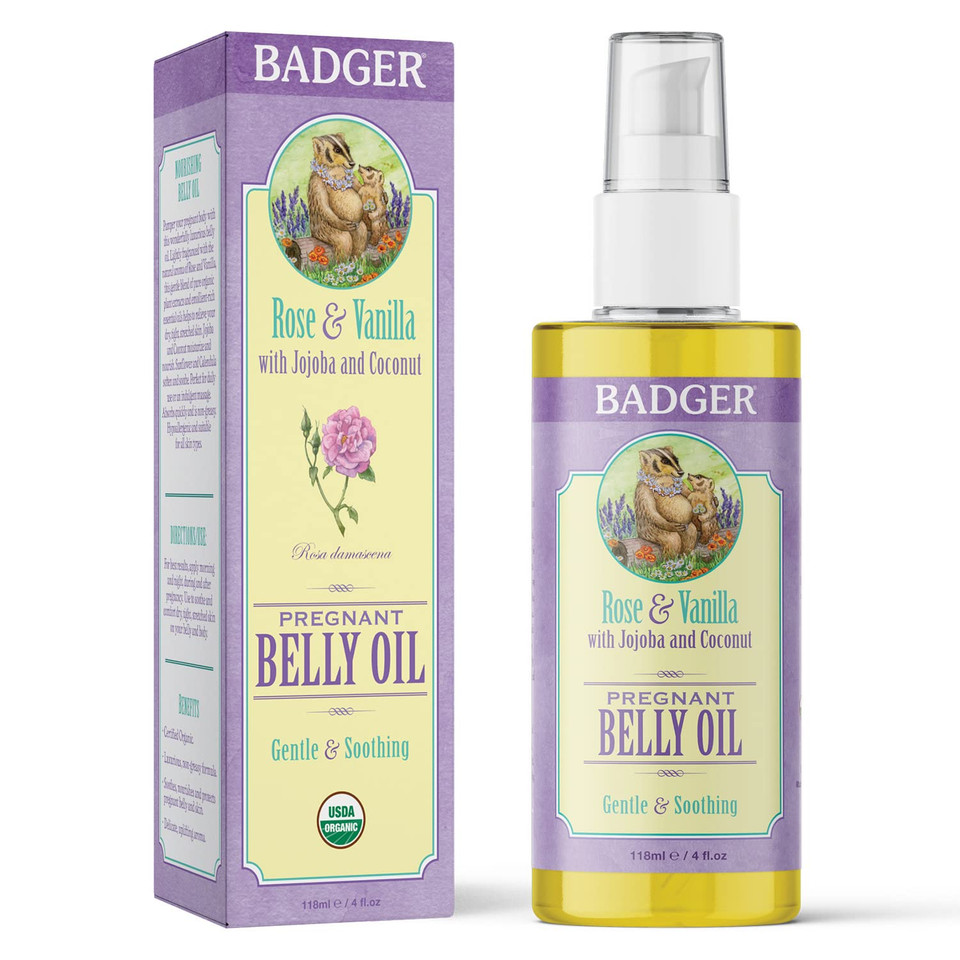 Badger Pregnant Belly Oil, Organic Stretch Mark Oil Soothes & Prevents Stretch Marks, Vegan Hypoallergenic Non-Greasy W/Jojoba, Coconut, Rose & Vanilla, 4 Fl Oz Glass Bottle