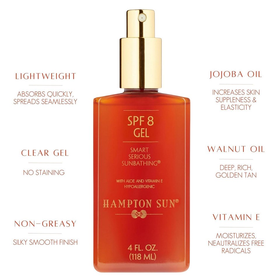 Hampton Sun Spf 8 Classic Sun Gel, Ultra-Hydrating Luxury Sunbathing Gel, Walnut Oil For Deep, Rich, Long Lasting Tan, Anti-Aging With Jojoba Oil, Vitamin E + Aloe Vera, Silky, Lightweight Finish