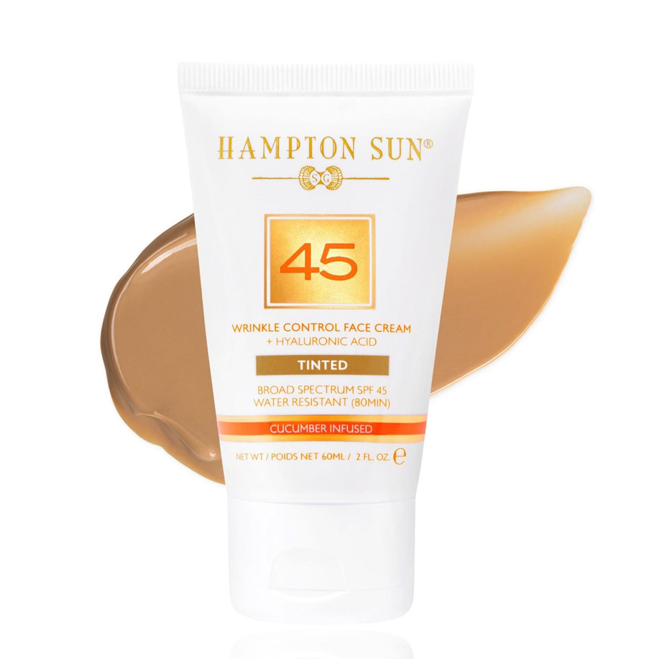 Hampton Sun Spf 45 Tinted Wrinkle Control Face Cream. Daily Moisturizer + Sunscreen. Light, Blendable Coverage. Dewy, Glowy Finish. Hyaluronic Acid + Organic Cucumber Extract Plumps + Brightens
