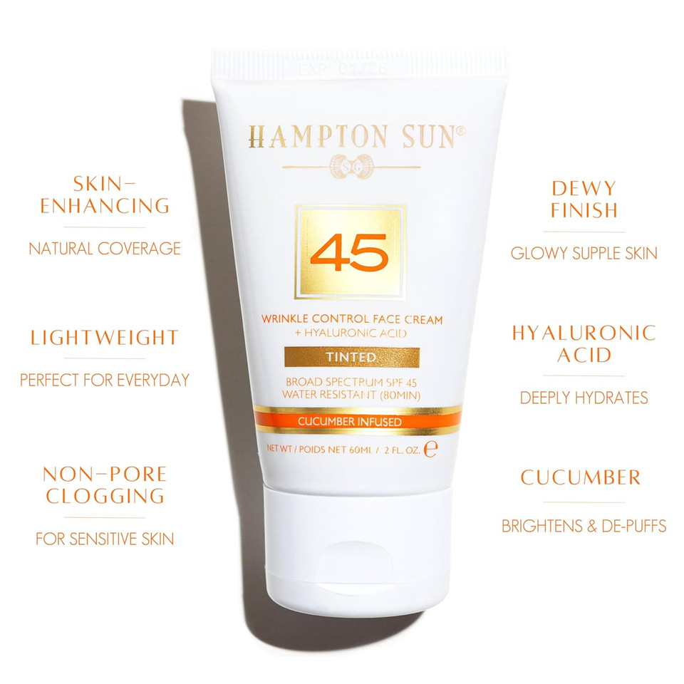 Hampton Sun Spf 45 Tinted Wrinkle Control Face Cream. Daily Moisturizer + Sunscreen. Light, Blendable Coverage. Dewy, Glowy Finish. Hyaluronic Acid + Organic Cucumber Extract Plumps + Brightens