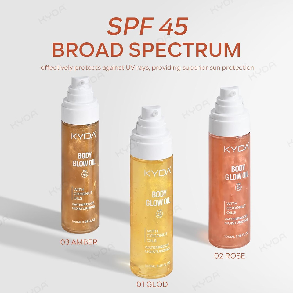 Kyda Body Glow Oil, Spf 45 Broad Spectrum, Sunscreen Body Oil With Rose Gold Mica, Moisturizing Coconuts Summer Sunscreen, Water Resistant Glow Skin Moisturizer, 3.38 Fl Oz, Rose