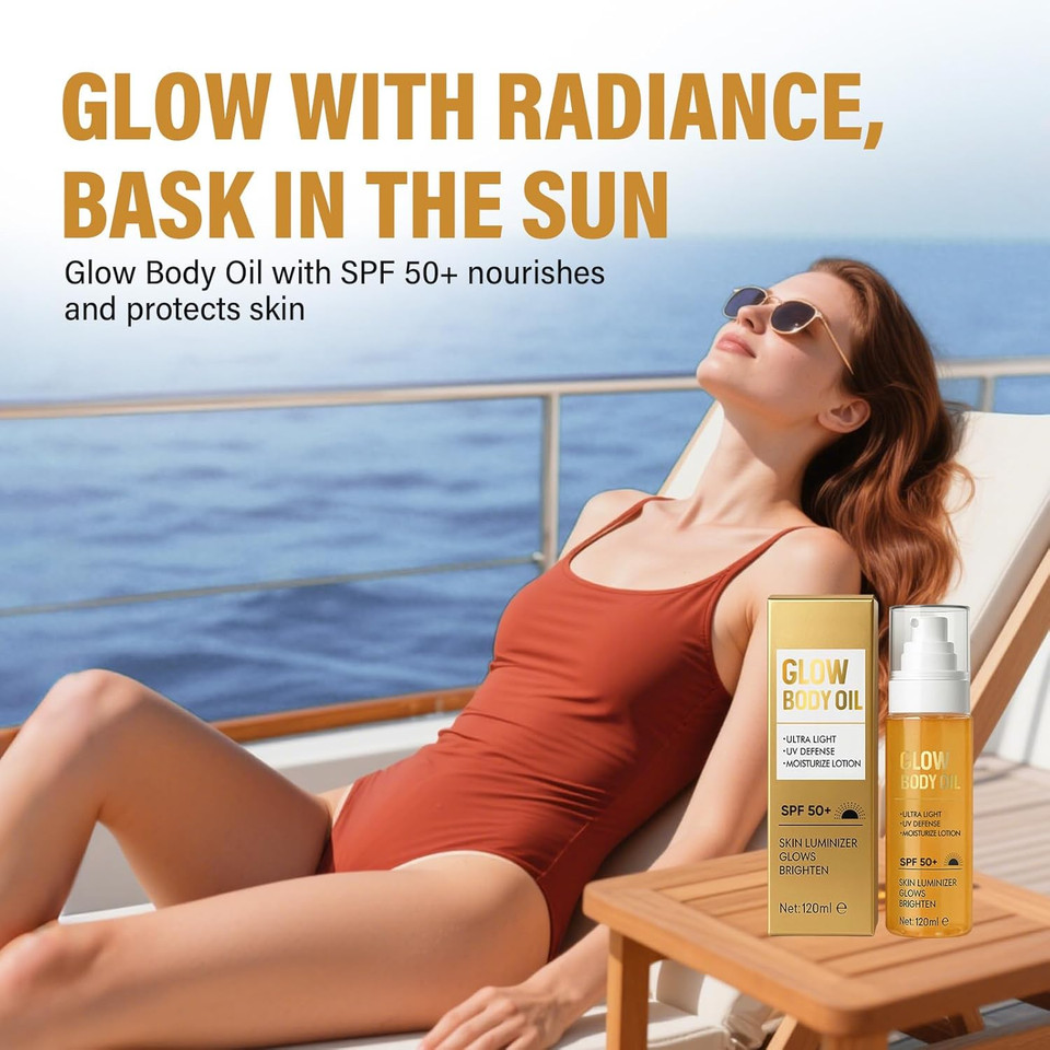 Body Glow Oil, Spf 50 Broad Spectrum, Lightweight Sun Shield Body Glow Absorbs Quickly, Non-Sticky, Water Resistant, Glowing Results-4 Fl Oz