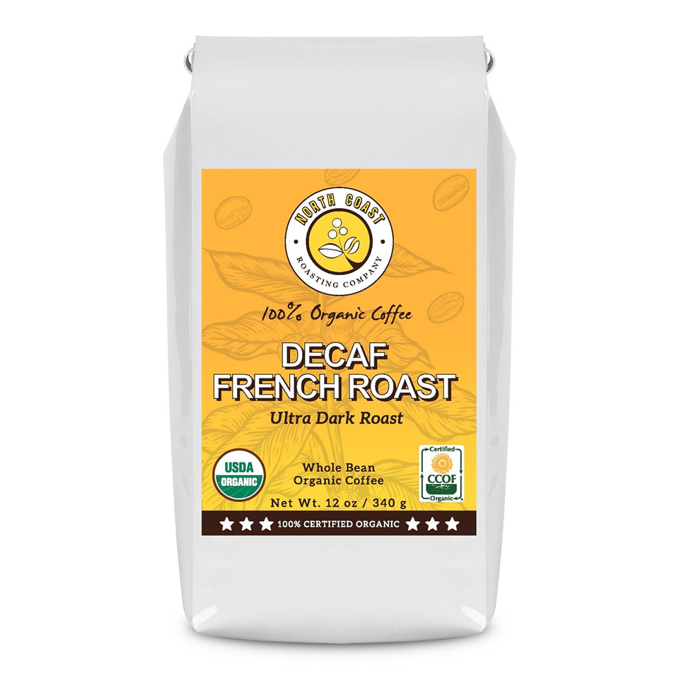 North Coast Roasting Company, Ultra Dark Roast, Low Acid Organic Coffee, Whole Bean - Swiss Water Process Decaf. French Roast, Usda Certified Organic Coffee Beans, 12 Ounce Bag