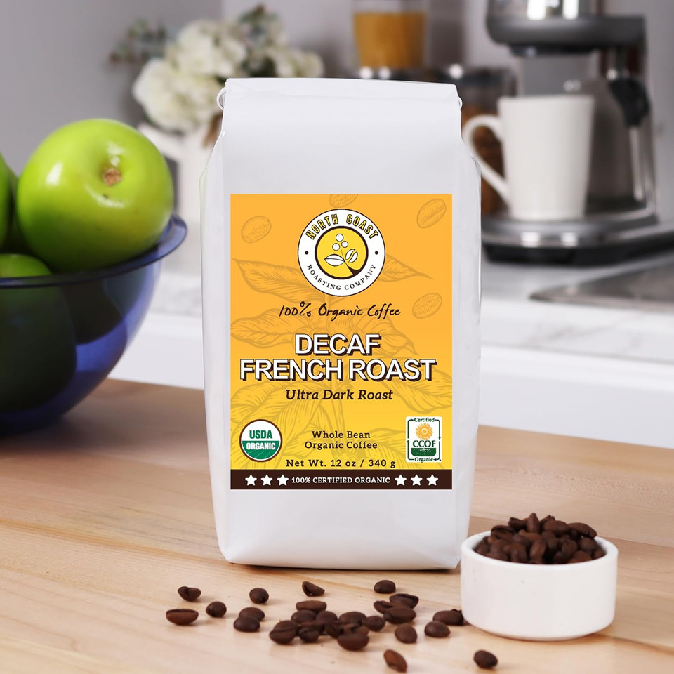 North Coast Roasting Company, Ultra Dark Roast, Low Acid Organic Coffee, Whole Bean - Swiss Water Process Decaf. French Roast, Usda Certified Organic Coffee Beans, 12 Ounce Bag