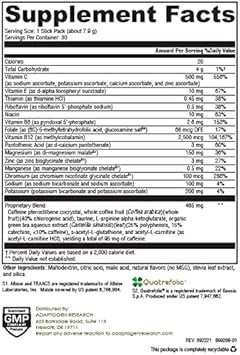 Atp Natural Citrus Flavor | Energy Electrolytes Antioxidants Drink | With Purenergy Blend, Quatrefolic, Methylcobalamin, Vitamins, Trace Minerals | 30 Stick Pack (8.6G)