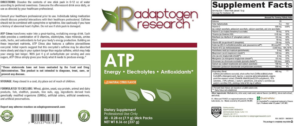 Atp Natural Citrus Flavor | Energy Electrolytes Antioxidants Drink | With Purenergy Blend, Quatrefolic, Methylcobalamin, Vitamins, Trace Minerals | 30 Stick Pack (8.6G)