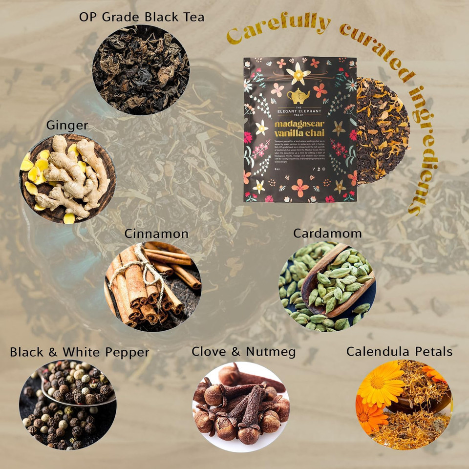Madagascar Vanilla Chai Tea  Loose Leaf Black Tea W/Cinnamon, Ginger & Clove  Natural, Aromatic & Perfect For Hot Or Iced Lattes  Resealable 8Oz Bag (Makes 100 Cups)  The Elegant Elephant