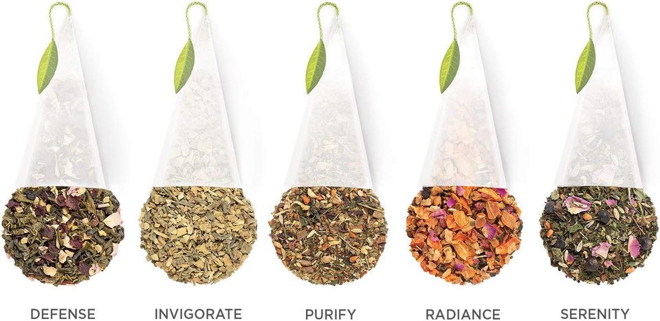 Tea Forte Assorted Green Tea Presentation Box Tea Gift Set Sampler, 20 Count, 2 Of Each Variety Individually Wrapped Handcrafted Pyramid Infuser Bags