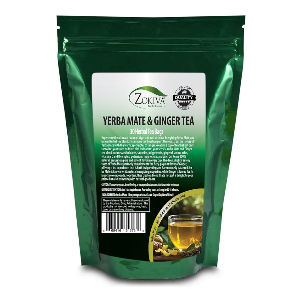 Yerba Mate & Ginger Tea Bags 30 Count - Natural Premium Herbal Tea By Zokiva