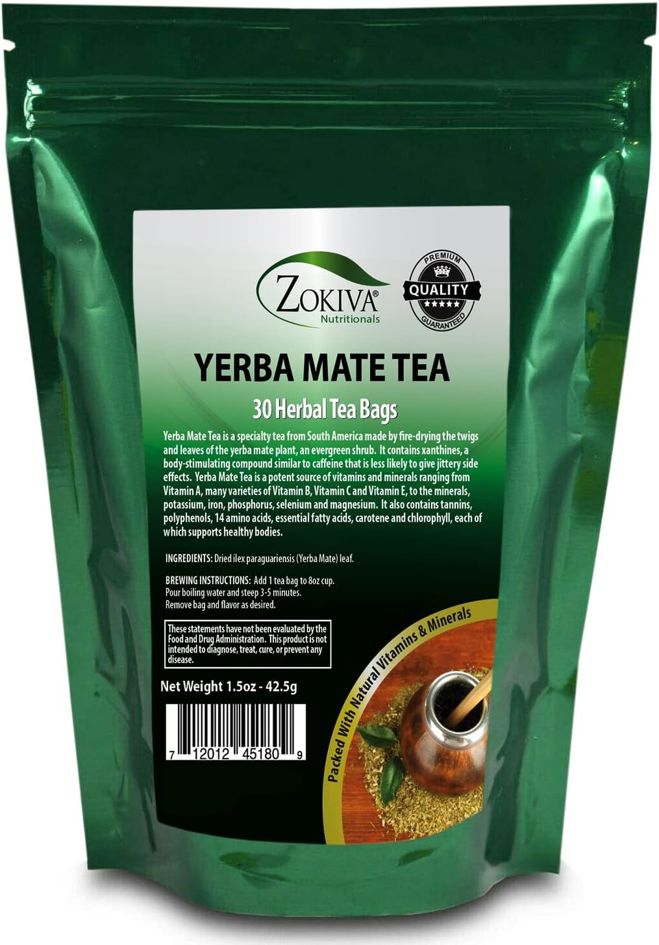 Yerba Mate Tea 100% Pure (30 Premium Bags) All-Natural Immune System Support