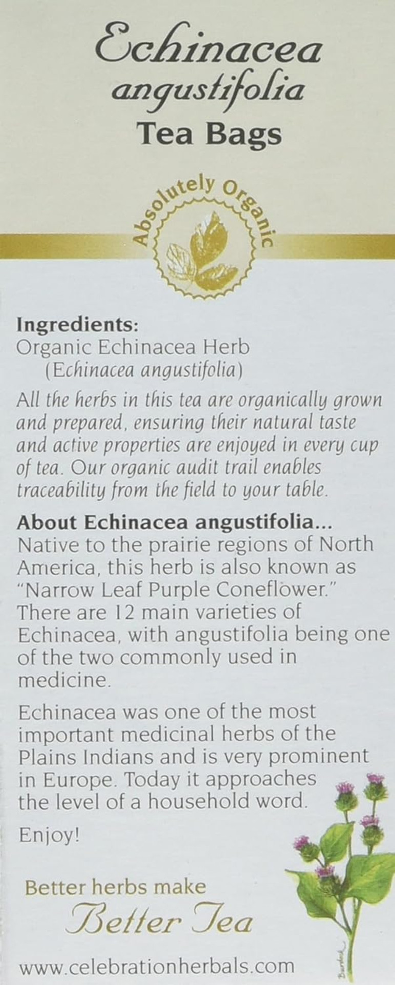 Celebration Herbals Echinacea Ang Herb Tea Organic 24 Bag, 0.02 Pound