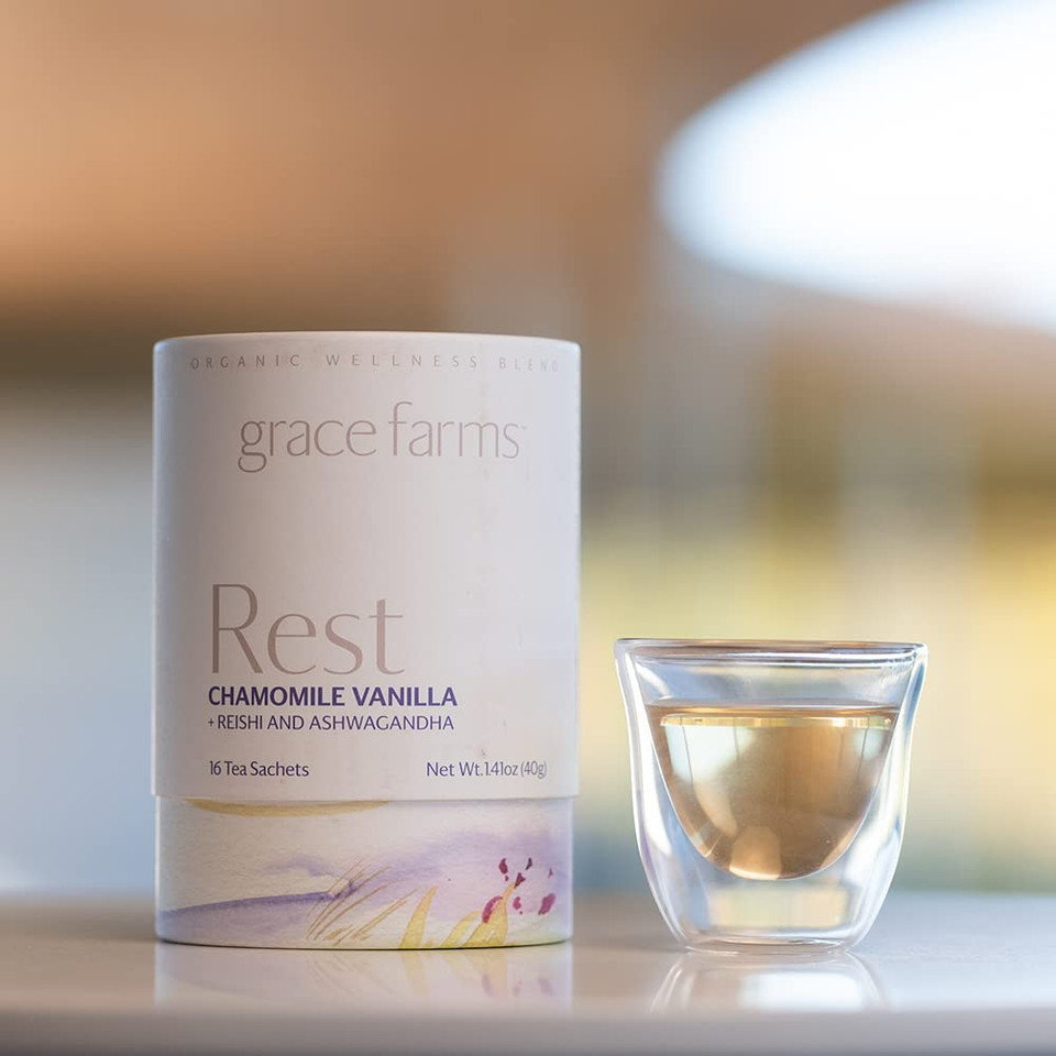 Grace Farms Rest Wellness Organic Tea Blend (50 Sachet Pouch) | Sleep And Stress Support For Evening | Chamomile Vanilla Tea With Caffeine Free Adaptogens And Mushrooms | Gives Back 100% Of Profits