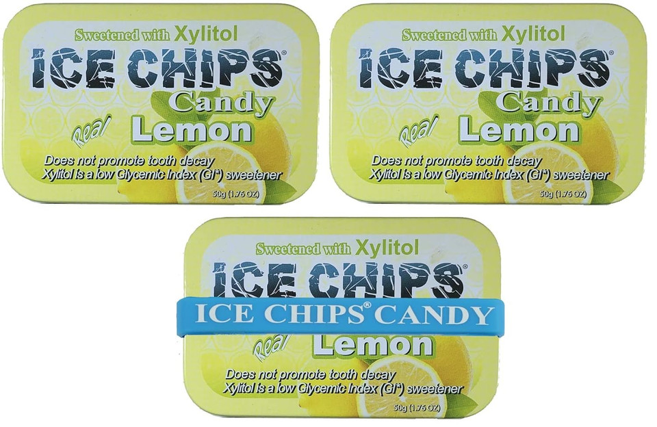 Ice Chips Xylitol Candy Tins 5.28 Oz Total (Lemon, 3 Pack) - Includes Band As Shown