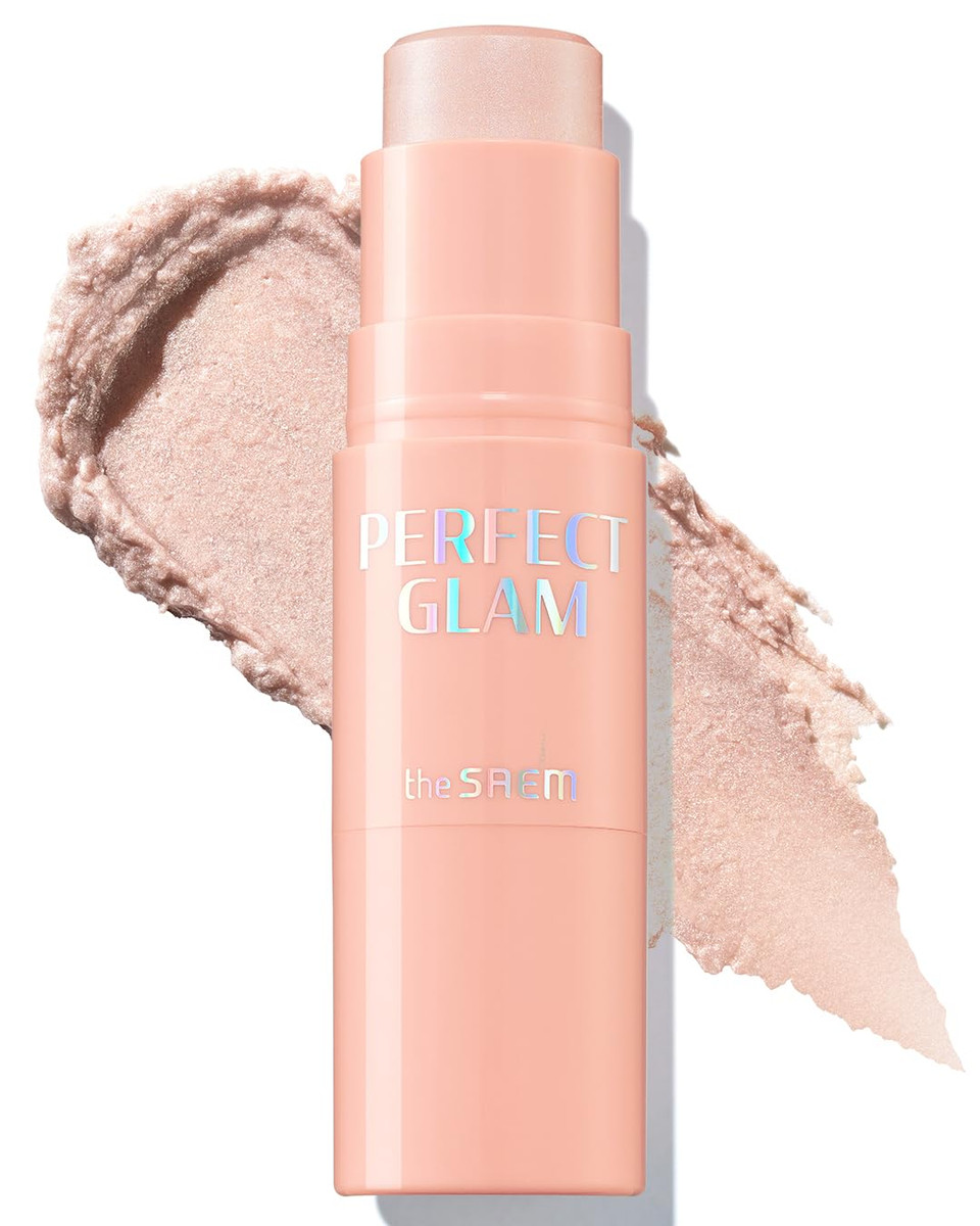 The Saem Perfect Glam Stick Blusher With Blending Sponge Wh01 Aurora Wave - Luxurious Soft Melting Balm Highlighter With Shea Butter And Ceramide Np, Natural Radiance Glow Makeup, 0.2Oz