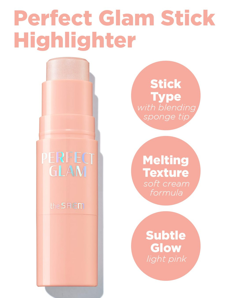 The Saem Perfect Glam Stick Blusher With Blending Sponge Wh01 Aurora Wave - Luxurious Soft Melting Balm Highlighter With Shea Butter And Ceramide Np, Natural Radiance Glow Makeup, 0.2Oz