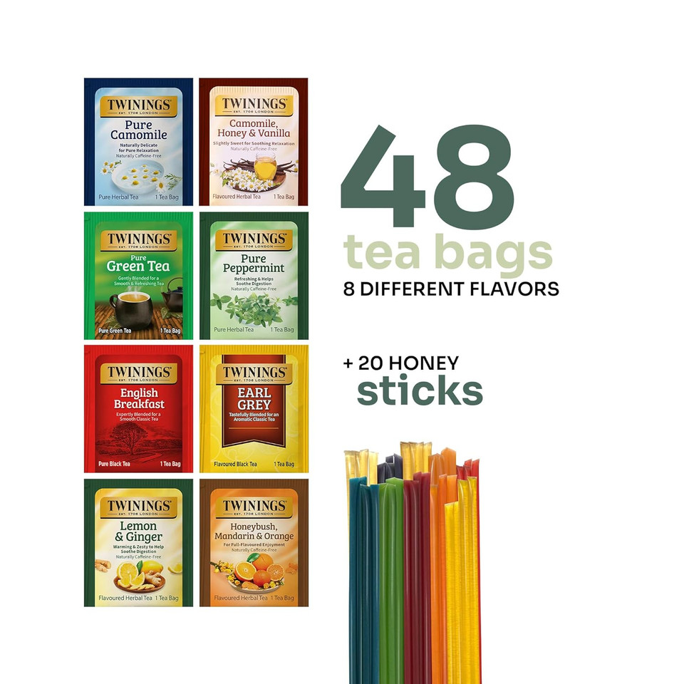 Twinings 48 Tea Bags Herbal Variety Pack, Bundle With 20 Flavored Honey Sticks  12 Flavors Caffeine-Free Individually Wrapped Teas For Gift Basket, Office, Lobby Refreshments Twinings 48 Tea Bags Herbal Variety Pack, Bundle With 20 Flavored Honey Sticks  12 Flavors Caffeine-Free Individually Wrapped Teas For Gift Basket, Office, Lobby Refreshments
