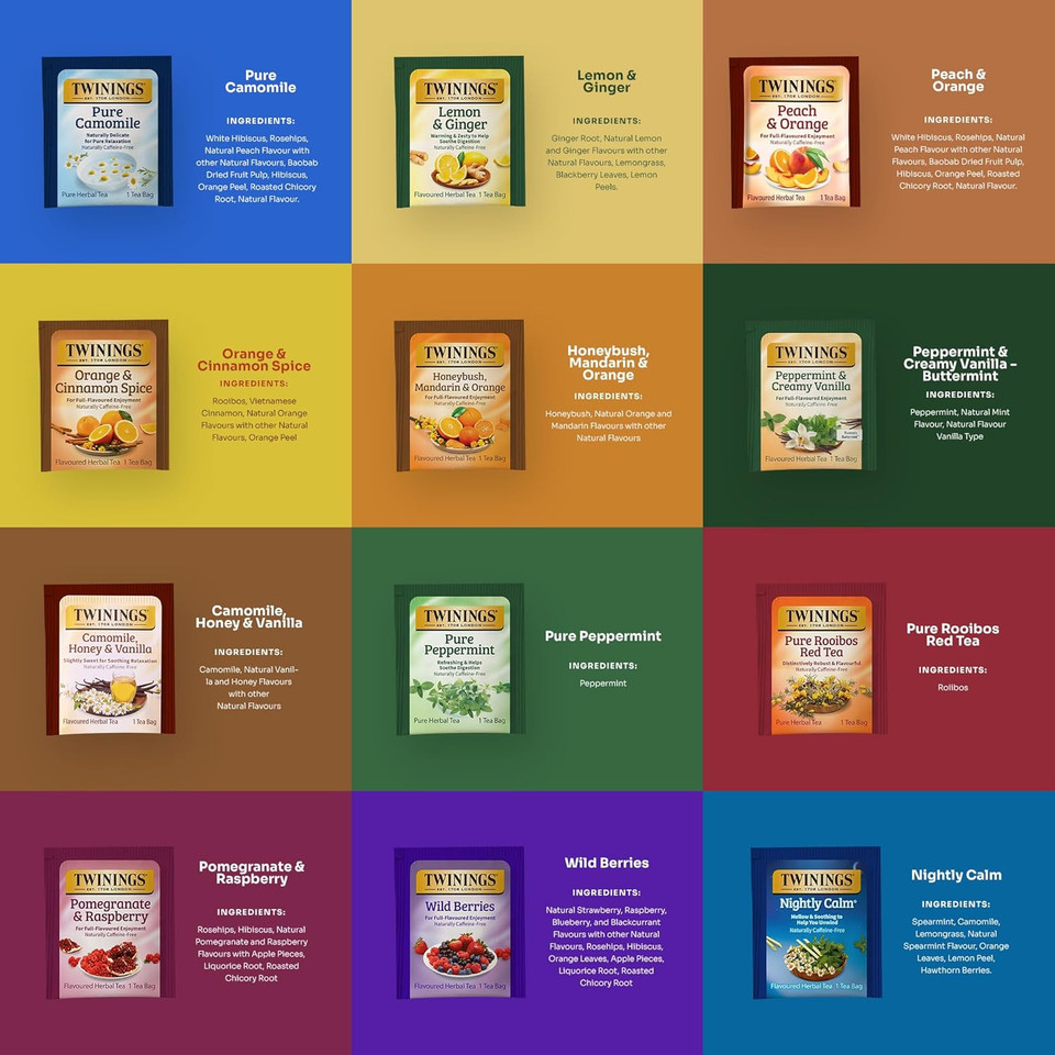 Twinings 48 Tea Bags Herbal Variety Pack, Bundle With 20 Flavored Honey Sticks  12 Flavors Caffeine-Free Individually Wrapped Teas For Gift Basket, Office, Lobby Refreshments Twinings 48 Tea Bags Herbal Variety Pack, Bundle With 20 Flavored Honey Sticks  12 Flavors Caffeine-Free Individually Wrapped Teas For Gift Basket, Office, Lobby Refreshments