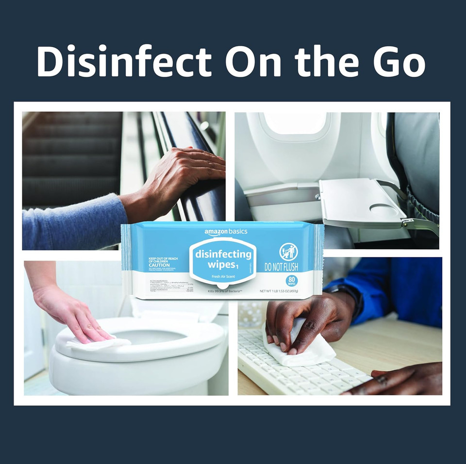 Amazon Basics Disinfecting Wipes, Lemon & Fresh Air Scent, Sanitizes/Cleans/Disinfects/Deodorizes, 320 Count (4 Packs Of 80)