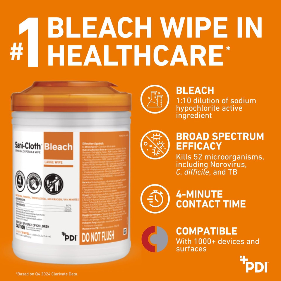 Sani-Cloth Bleach Disposable Wipes, Full Case, Hospital-Grade Surface Disinfecting Wipes For Healthcare And Bathroom, Large Wipe, 6" X 10.5", 75 Wipes Per Canister, 12 Canisters Total, 900 Total Wipes