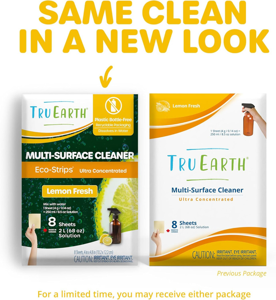Tru Earth Multi-Surface Cleaner Eco-Strips | All Purpose Cleaner Concentrate For Multi-Use, Fresh Lemon Scent, 16 Strips