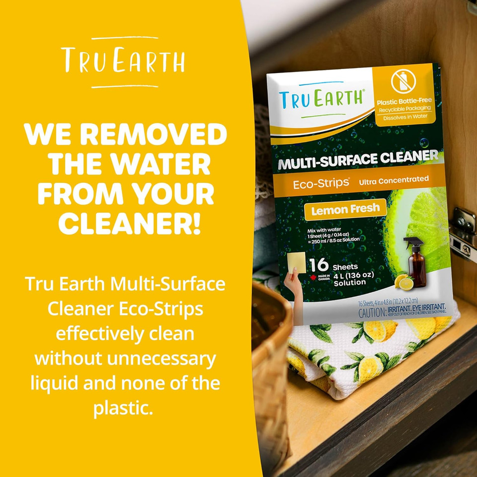 Tru Earth Multi-Surface Cleaner Eco-Strips | All Purpose Cleaner Concentrate For Multi-Use, Fresh Lemon Scent, 16 Strips