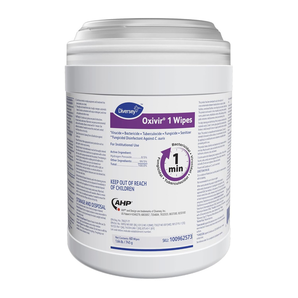 Diversey Oxivir 1 100962573 Disinfectant Wipes, Virucidal, Bactericidal, Tuberculocidal, Fungicide With Accelerated Hydrogen Peroxide, Unscented, 60 Large 10"X10" Wipes, 1-Canister Diversey Oxivir 1 100962573 Disinfectant Wipes, Virucidal, Bactericidal, Tuberculocidal, Fungicide With Accelerated Hydrogen Peroxide, Unscented, 60 Large 10"X10" Wipes, 1-Canister
