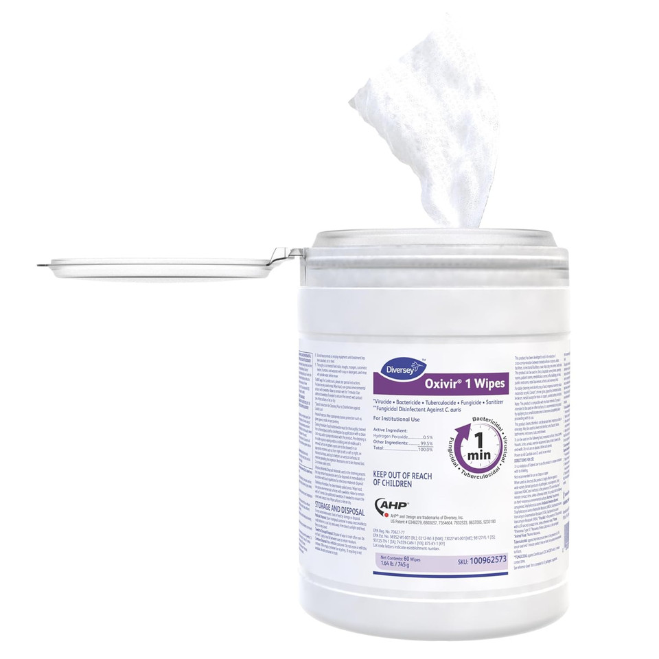 Diversey Oxivir 1 100962573 Disinfectant Wipes, Virucidal, Bactericidal, Tuberculocidal, Fungicide With Accelerated Hydrogen Peroxide, Unscented, 60 Large 10"X10" Wipes, 1-Canister Diversey Oxivir 1 100962573 Disinfectant Wipes, Virucidal, Bactericidal, Tuberculocidal, Fungicide With Accelerated Hydrogen Peroxide, Unscented, 60 Large 10"X10" Wipes, 1-Canister
