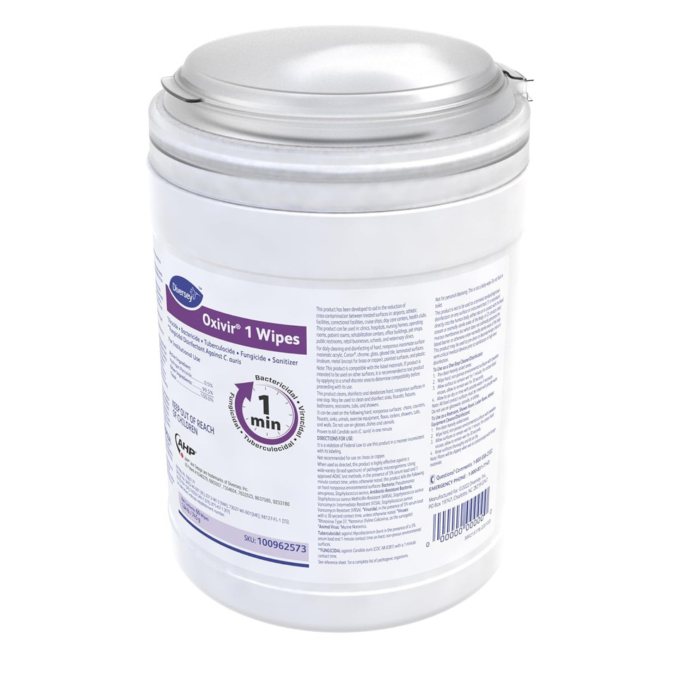 Diversey Oxivir 1 100962573 Disinfectant Wipes, Virucidal, Bactericidal, Tuberculocidal, Fungicide With Accelerated Hydrogen Peroxide, Unscented, 60 Large 10"X10" Wipes, 1-Canister Diversey Oxivir 1 100962573 Disinfectant Wipes, Virucidal, Bactericidal, Tuberculocidal, Fungicide With Accelerated Hydrogen Peroxide, Unscented, 60 Large 10"X10" Wipes, 1-Canister