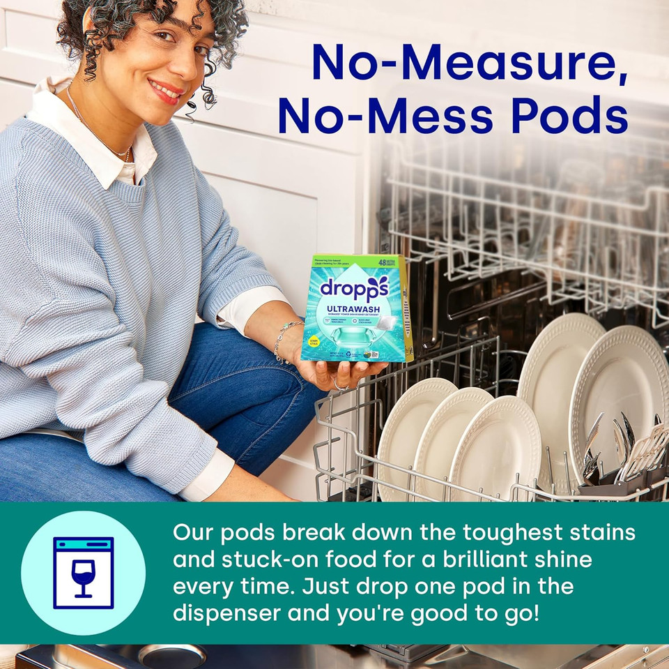 Dropps Ultrawash Dishwasher Pods, Fresh Rain (64 Count) - Biobased Power Deep Clean Dishwasher Detergent Tablets For Sparkling Shiny Dishes - No Rinse Aid Or Pre-Wash Needed - Dishwashing Pods