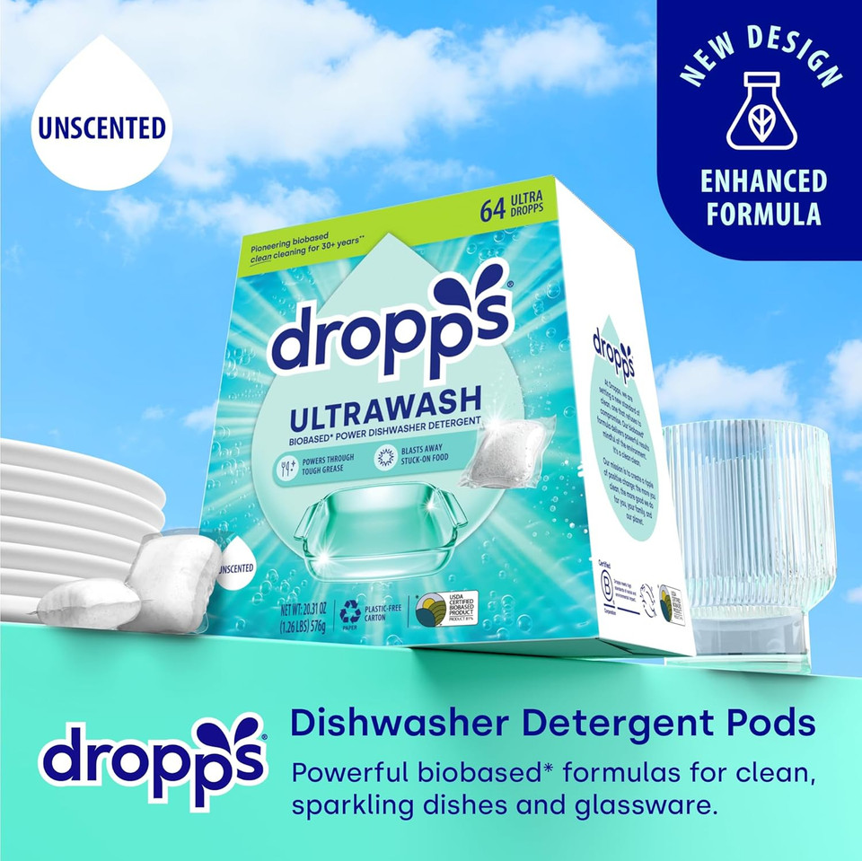 Dropps Ultrawash Dishwasher Pods, Fresh Rain (64 Count) - Biobased Power Deep Clean Dishwasher Detergent Tablets For Sparkling Shiny Dishes - No Rinse Aid Or Pre-Wash Needed - Dishwashing Pods