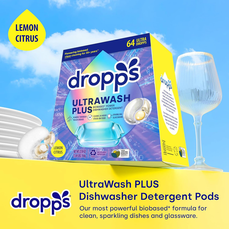 Dropps Ultrawash Dishwasher Pods, Unscented (32 Count) - Biobased Power Deep Clean Dishwasher Detergent Tablets For Sparkling Shiny Dishes - No Rinse Aid Or Pre-Wash Needed - Dishwashing Pods