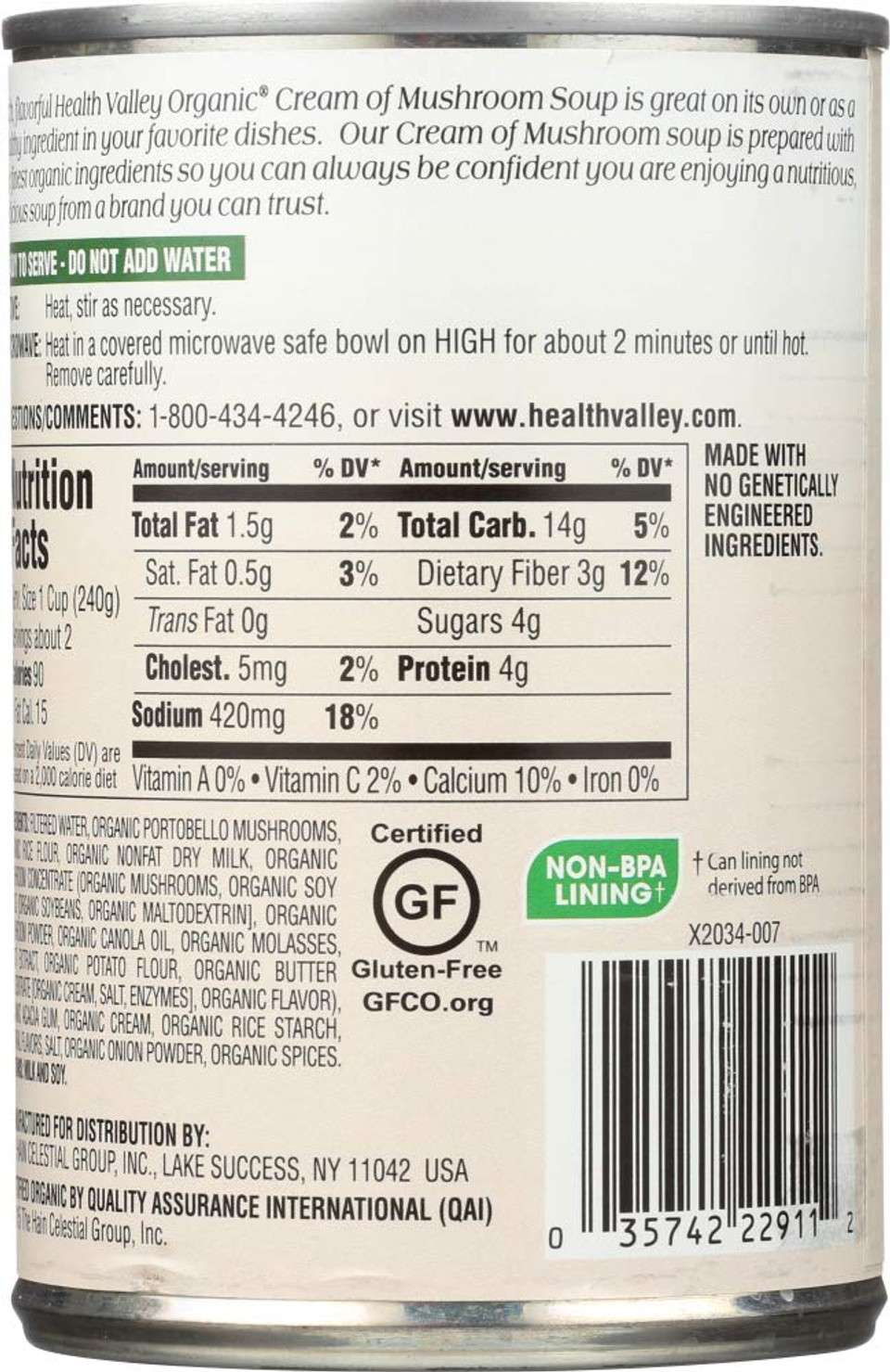 Health Valley Organic Soup, Cream Of Mushroom, 14.5 Ounce Can