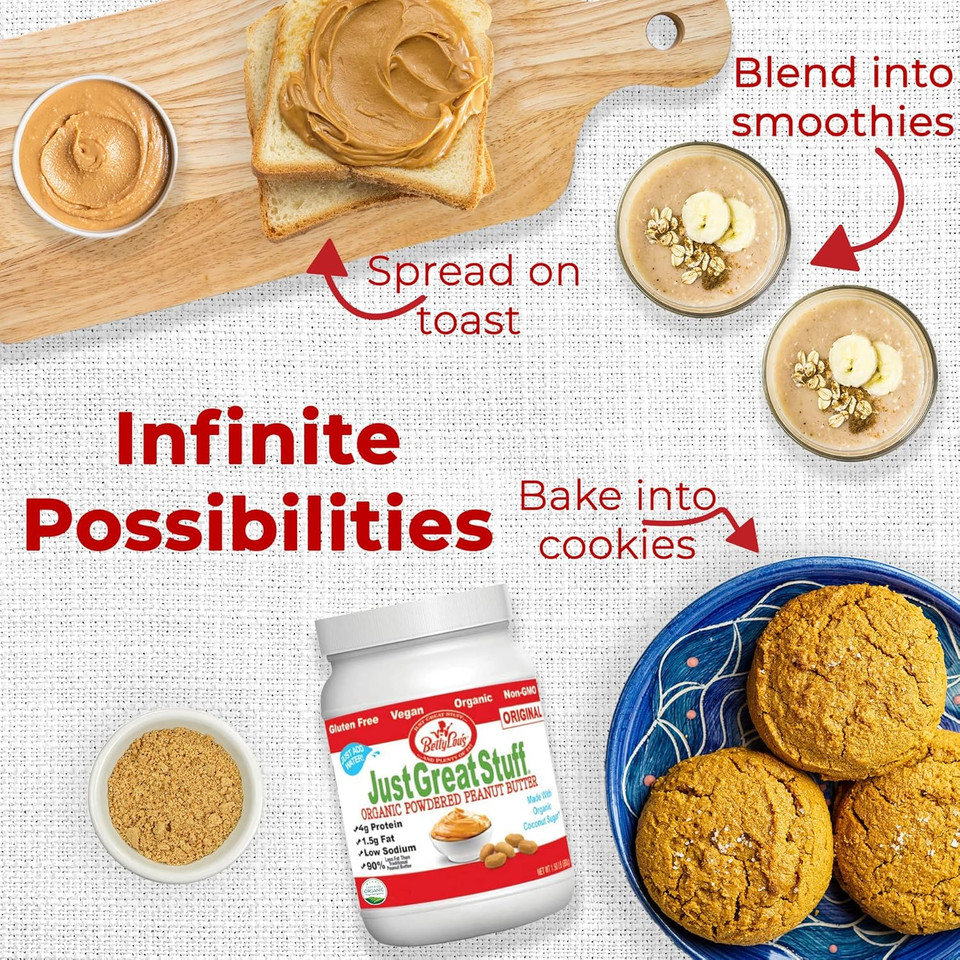 Betty Lou'S 100% Organic Powdered Peanut Butter, Gluten Free, Vegan, Low Calorie, All Natural, High Protein, Deliciously Healthy, Just Add Water (1.5 Lbs)