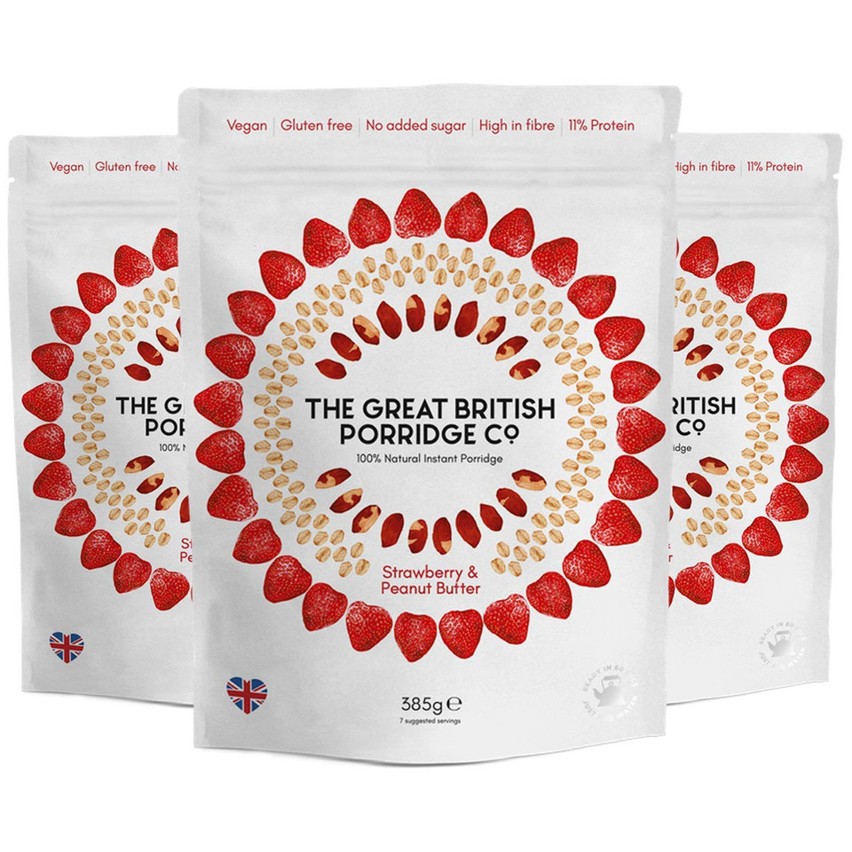 The Great British Porridge Co Gluten Free & Vegan Friendly Nutritious Instant Porridge (Strawberry & Peanut Butter, 3-Pack)
