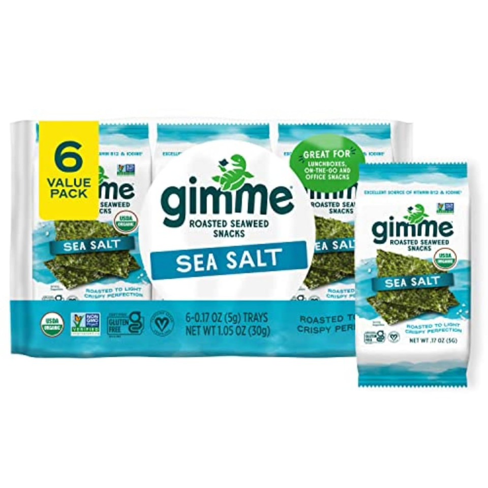 Gimme Seaweed Organic Premium Roasted Seaweed Snacks, Sea Salt & Avocado Oil, 6 Count, Keto, Vegan, Gluten-Free, Great Source Of Omega3S And Iodine, Healthy On-The-Go Snack For Kids And Adults