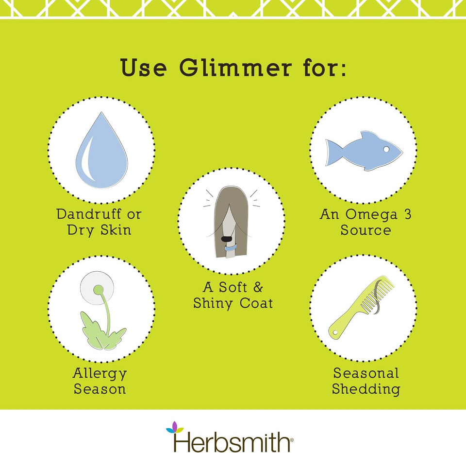 Herbsmith Glimmer - Dog Healthy Skin And Coat + Dog Treatment For Dry Itchy Skin - Omega-3 Supplement For Dogs - 60Ct Large Chews