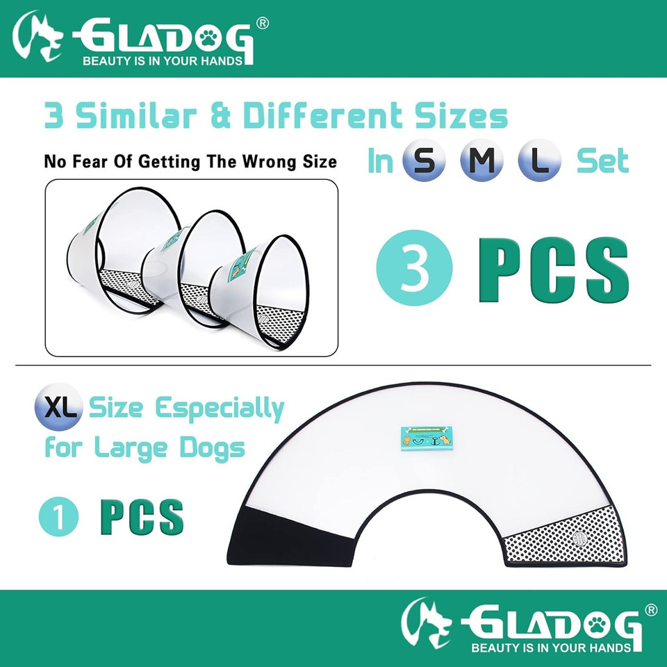 Gladog Soft Dog Cone Collar, 3 Pcs (Xl Is Only 1 Pcs) Flexible Plastic Cone For Dogs After Surgery, Dog Recovery Collar, Adjustable E-Collar For Large/Medium/Small Dogs Cat, Comfy Elizabethan Collar
