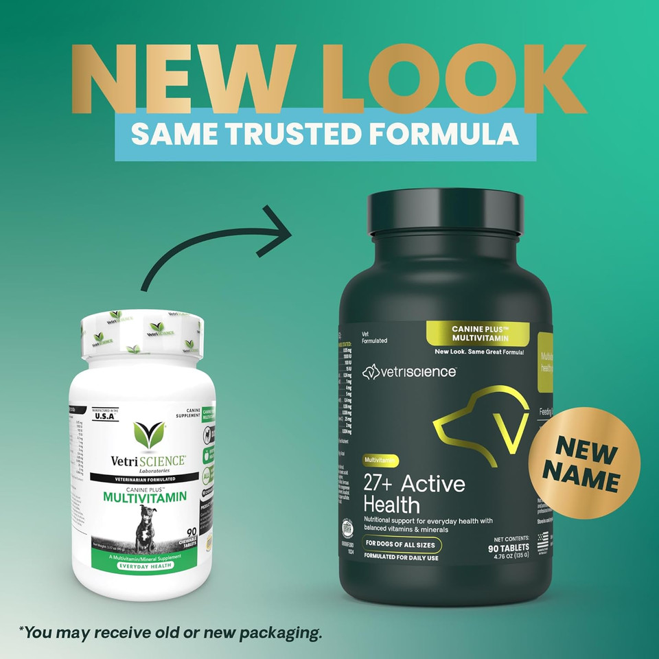 Vetriscience 27+ Active Health Chewable Tablets, Canine Plus Daily Multivitamin For Puppies And Adult Dogs, Balanced Vitamins, Minerals And Antioxidants, Health And Wellness Support, Duck, 90 Count