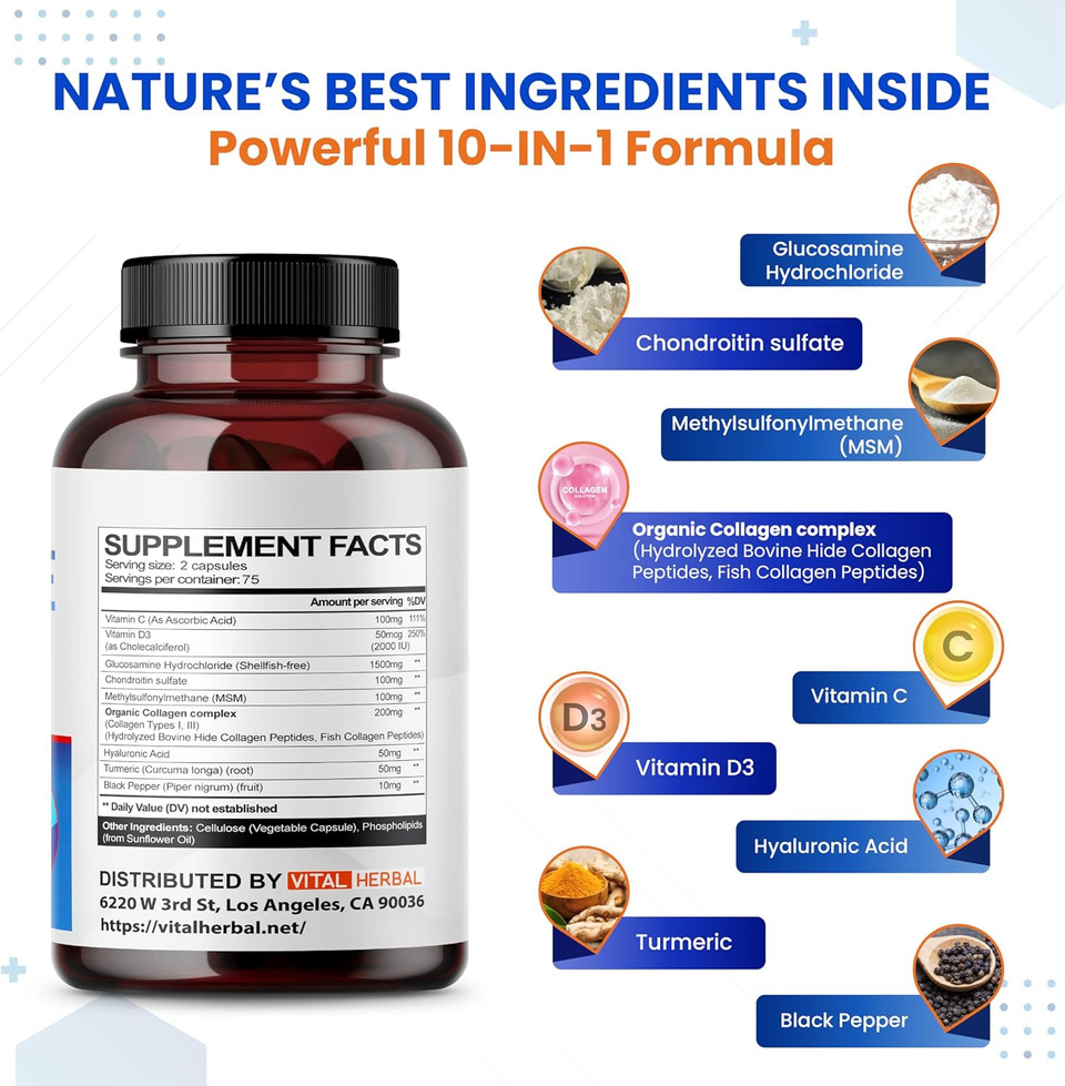 Vital Herbal Liposomal Glucosamine With Chondroitin, Msm- Maximum Potency- Support Joints, Cartilage- Made In The Usa