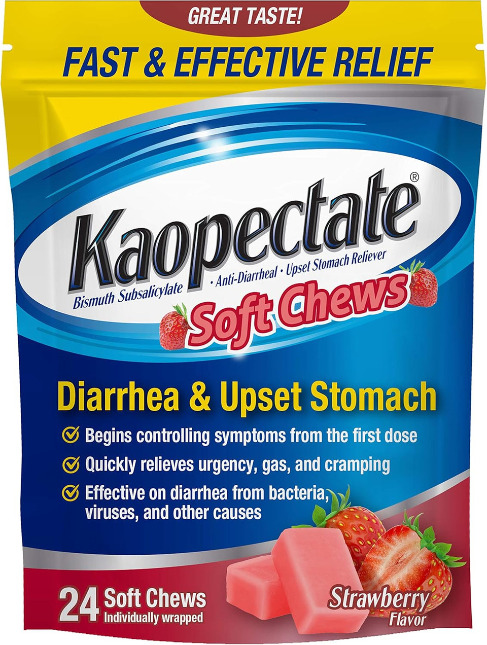 Kaopectate Soft Chews, Bismuth Subsalicylate, Anti-Diarrheal And Upset Stomach Reliever - 24 Count
